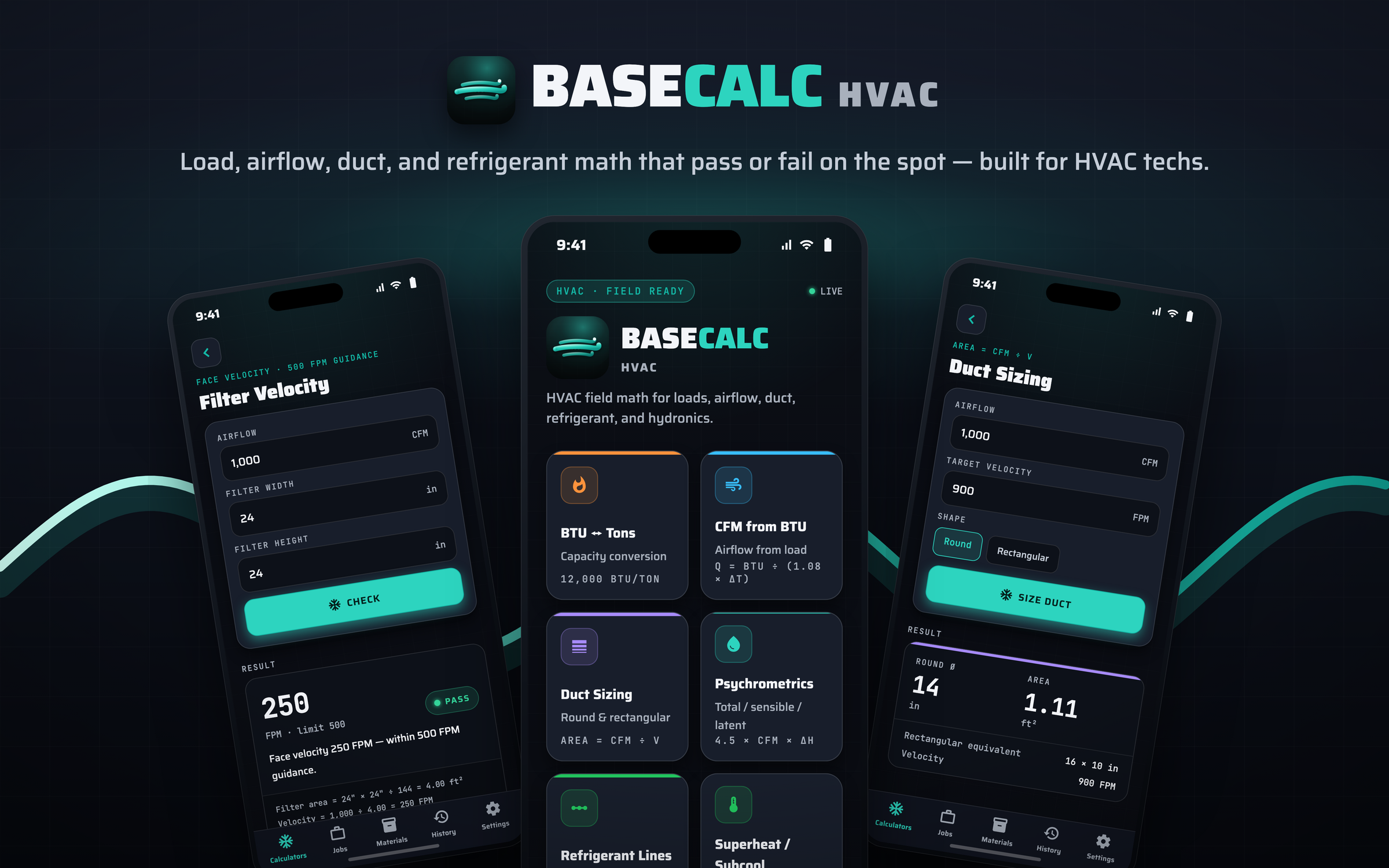 BaseCalc HVAC calculator screens