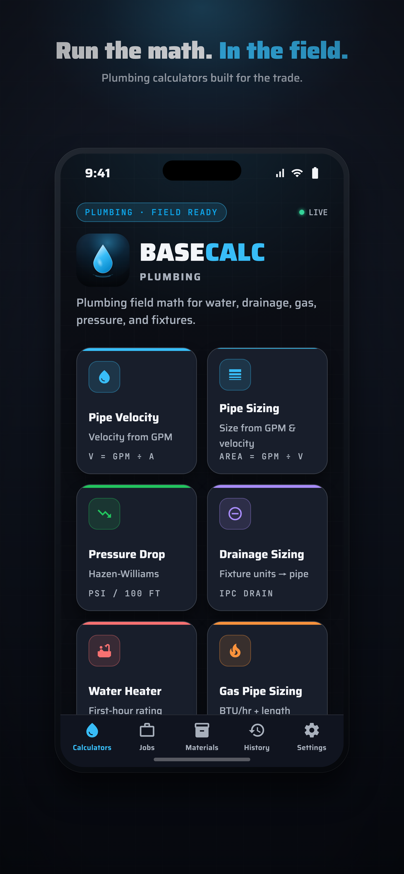 BaseCalc Plumbing Calculator dashboard