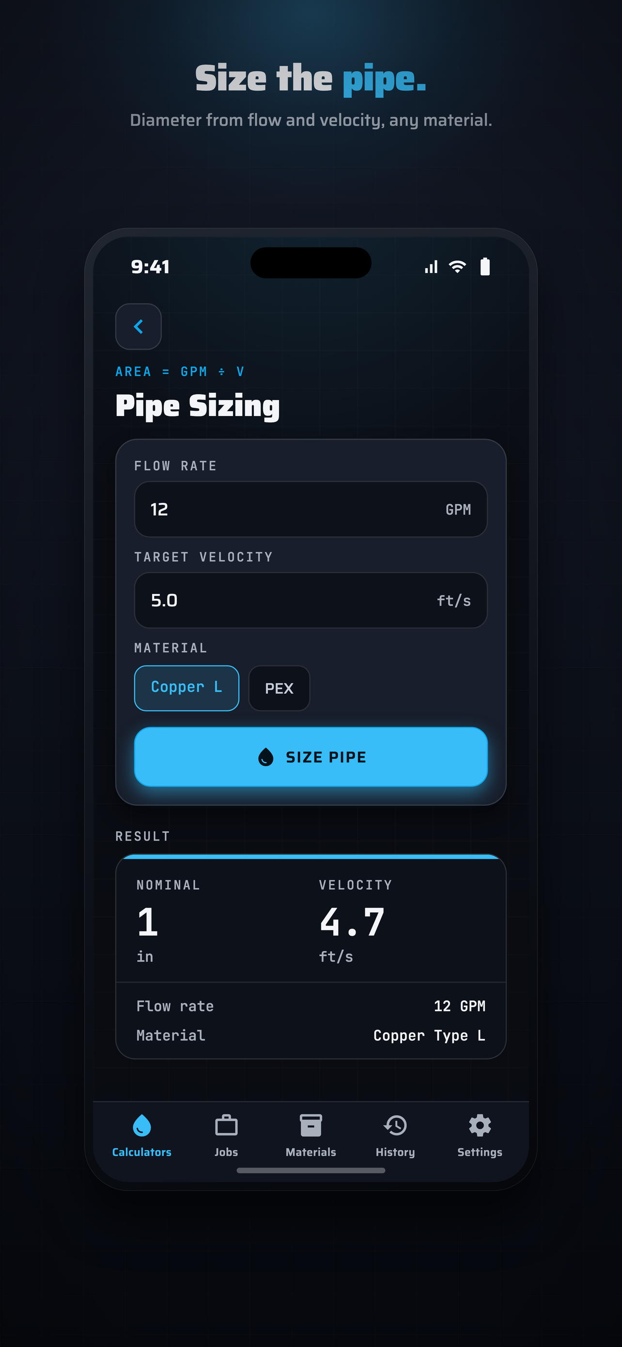 BaseCalc Plumbing Pipe sizing