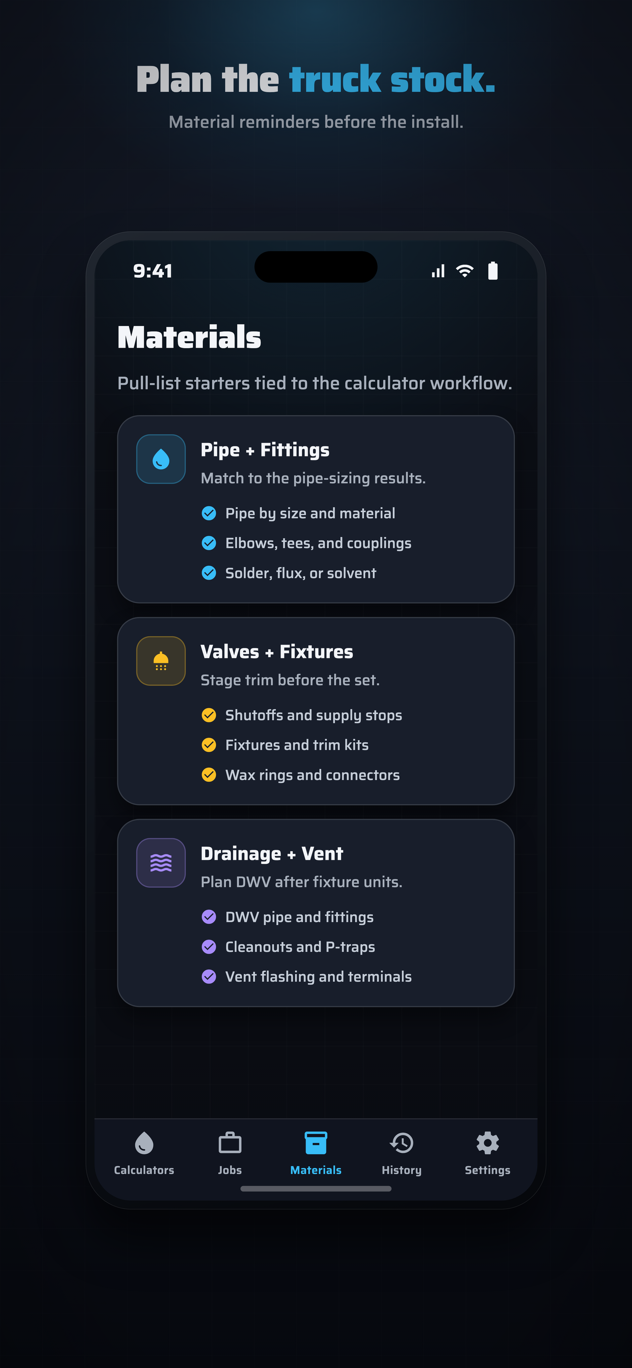 BaseCalc Plumbing Materials