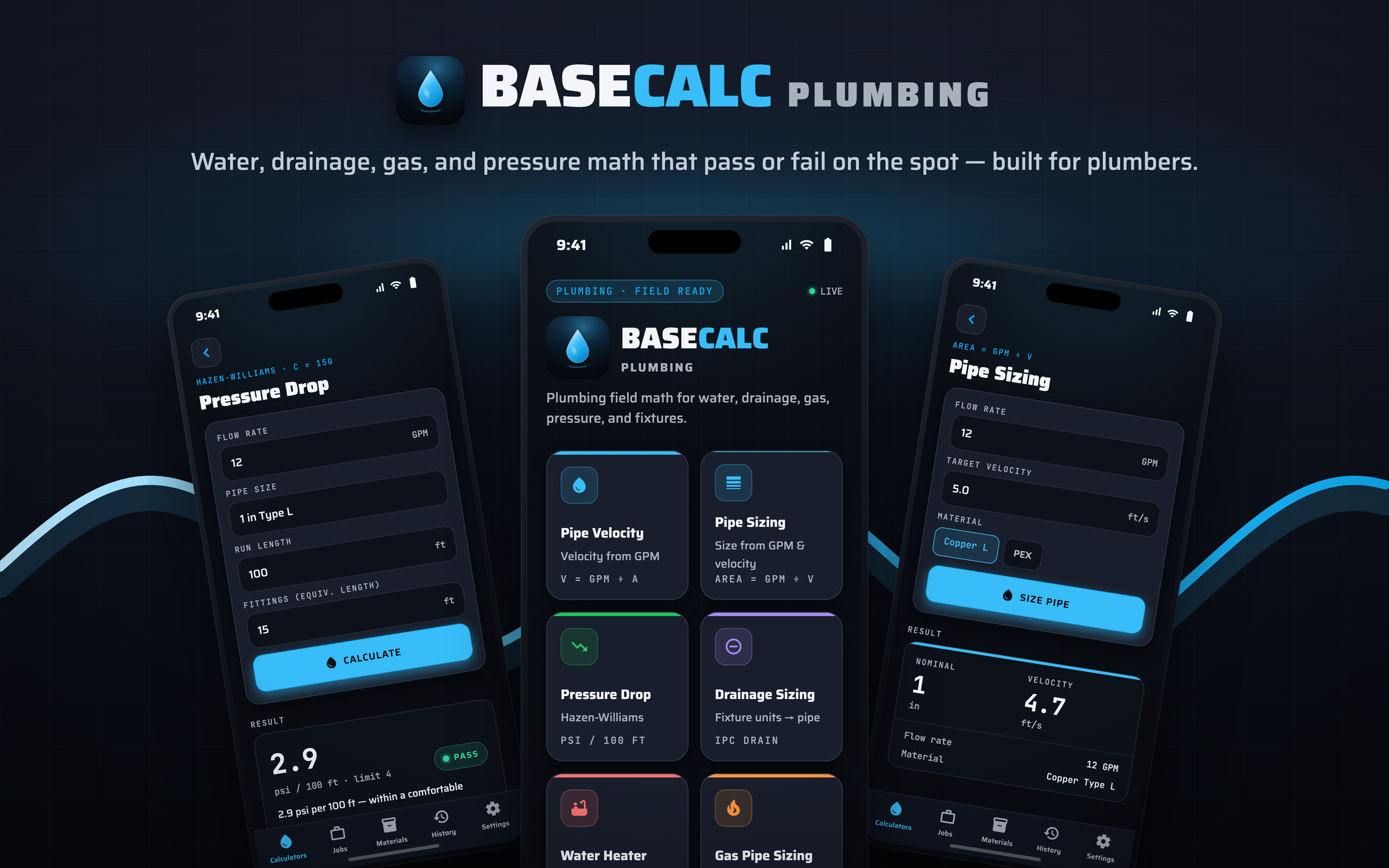 BaseCalc Plumbing calculator screens