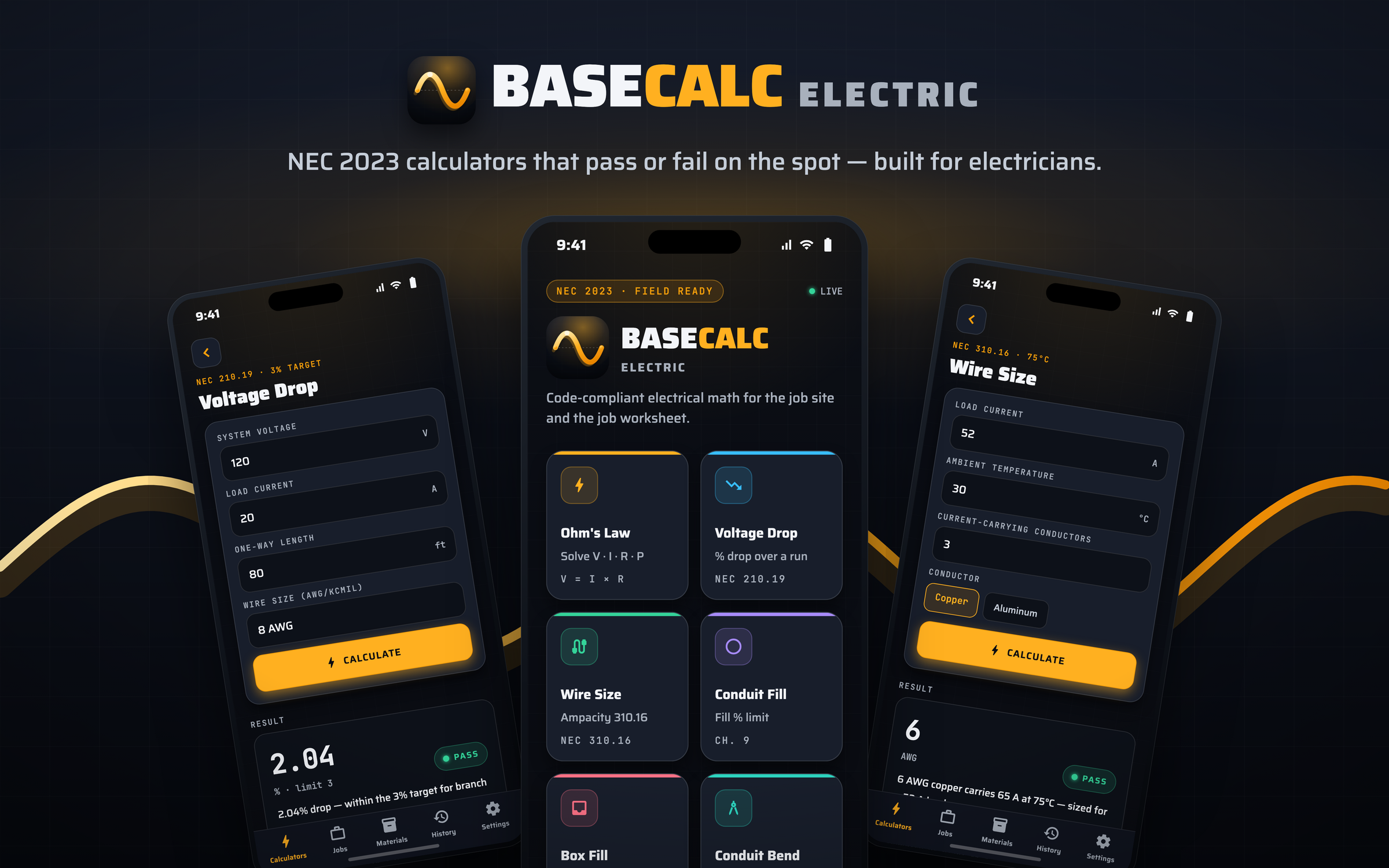 BaseCalc Electric NEC calculator screens